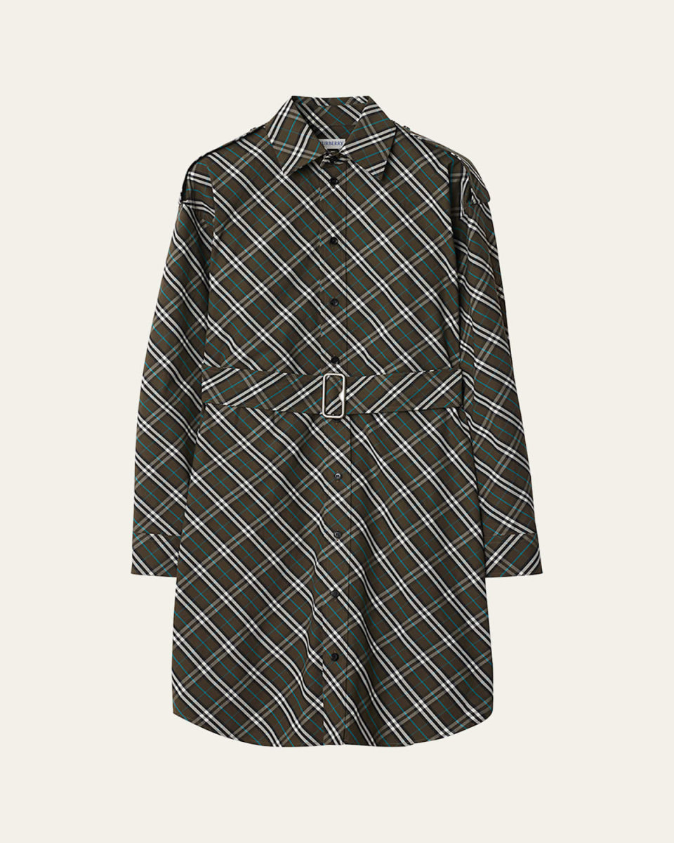 Check Long-Sleeve Belted Shirtdress